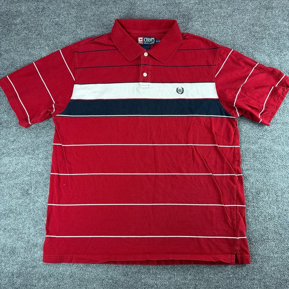 VTG Chaps Ralph Lauren Mens XL Polo Shirt Red White Navy Striped Cotton Crest